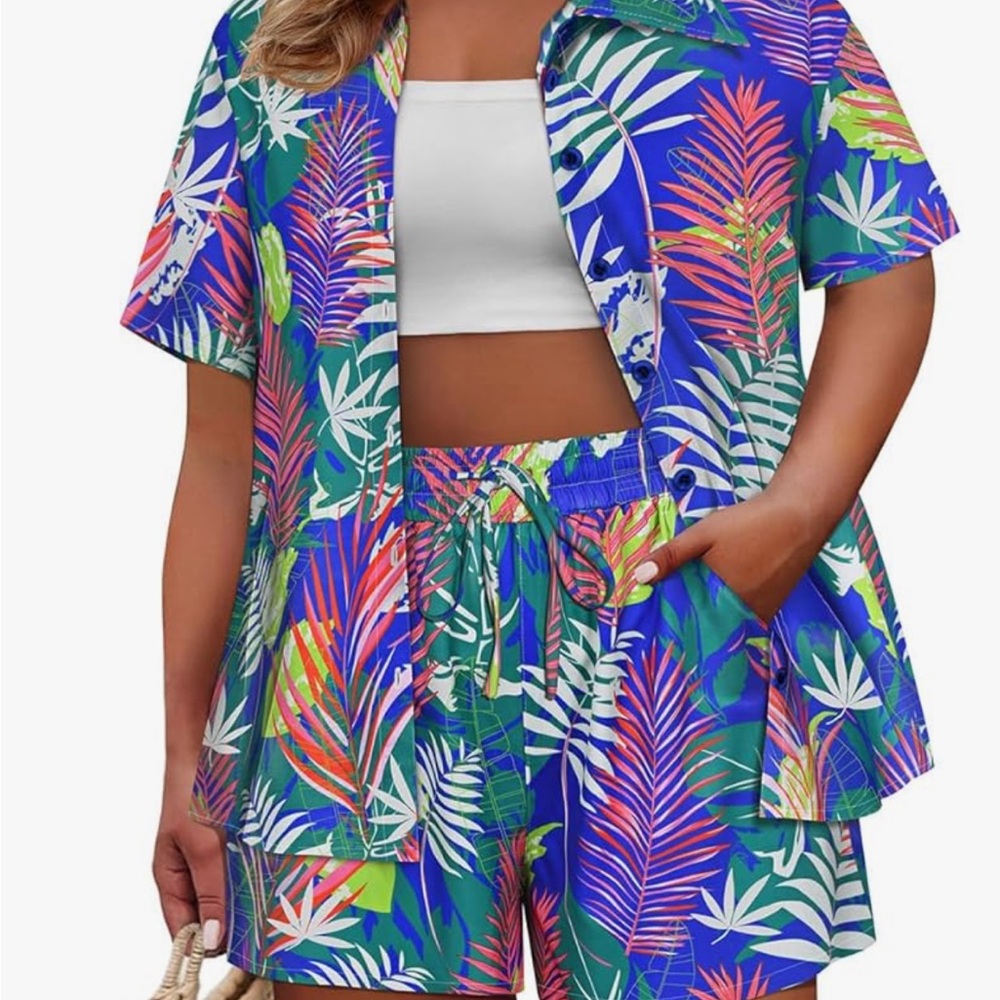 Tropical Blue Leaf Print Swim Cover-Up Set